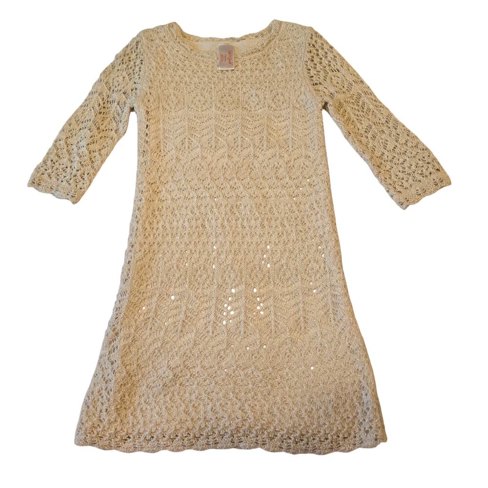 Sz 6/6x CAT & JACK Cream Gold Crochet Long Sleeve Shift Sweater Dress